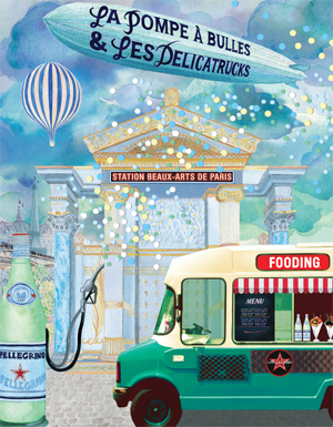 La Pompe à Bulles & les Délicatrucks, soirée organisée par Le Fooding et San Pellegrino les 9 et 10 Novembre à Paris - Affiche illustrée par Clémentine Henrion