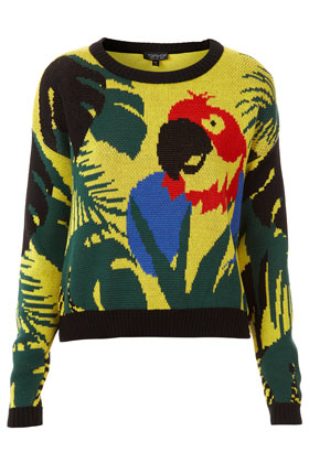 Pull tricoté à motif tropical perroquet, 44€
