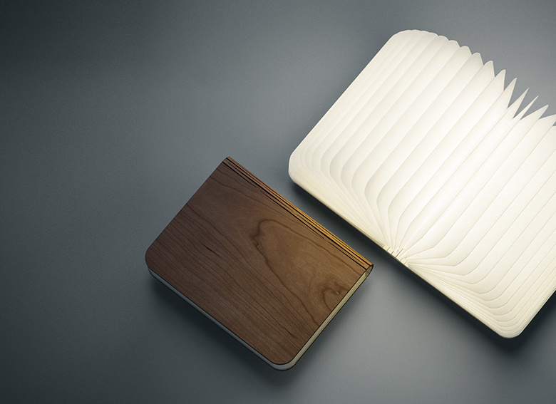 Un livre à couverture en bois qui dissimule une lampe LED. 118€