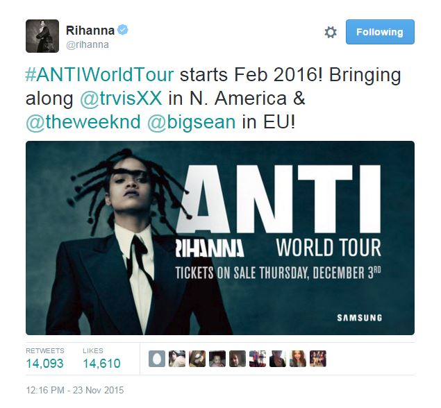 Rihanna annonce sa tournée, sponsorisée par Samsung...