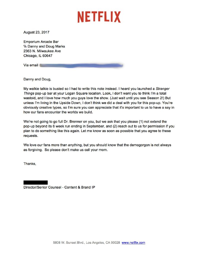 La lettre envoyée par Netflix aux propriétaires de The Upside Down.