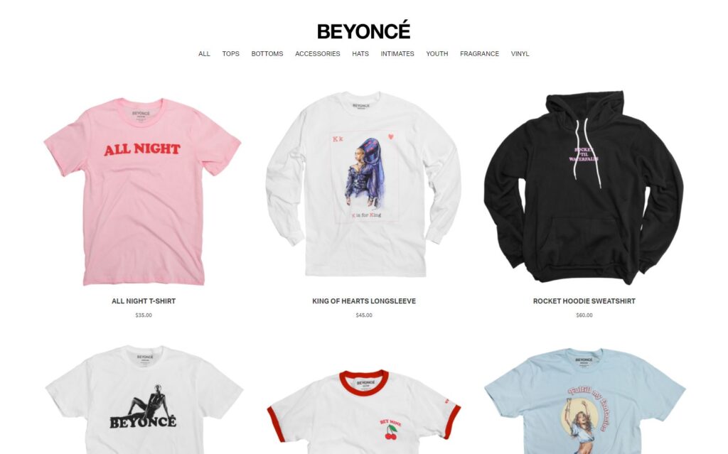Capture d'écran du site de Beyoncé