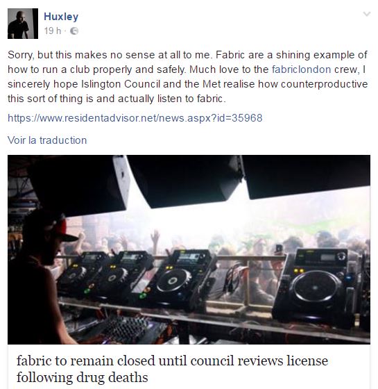 Le soutien des artistes lors de l'annonce de la fermeture du club Fabric en août 2016