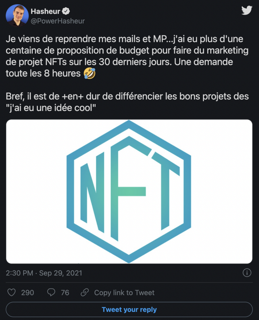 Tweet de Hasheur sur les NFT - À retrouver ici sur Twitter .